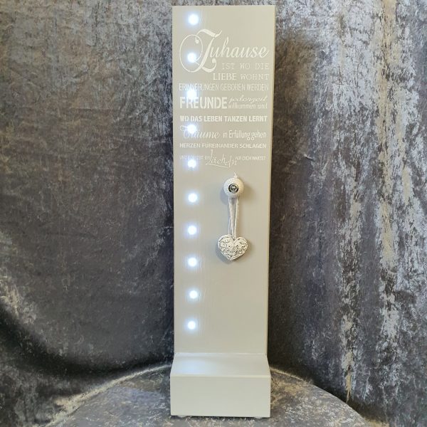 LED-Holzaufsteller - Dekostele grau-weiß mit Spruch