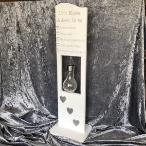 Holzaufsteller-Dekostele weiß-silber mit Spruch und Solar-LED-Laterne